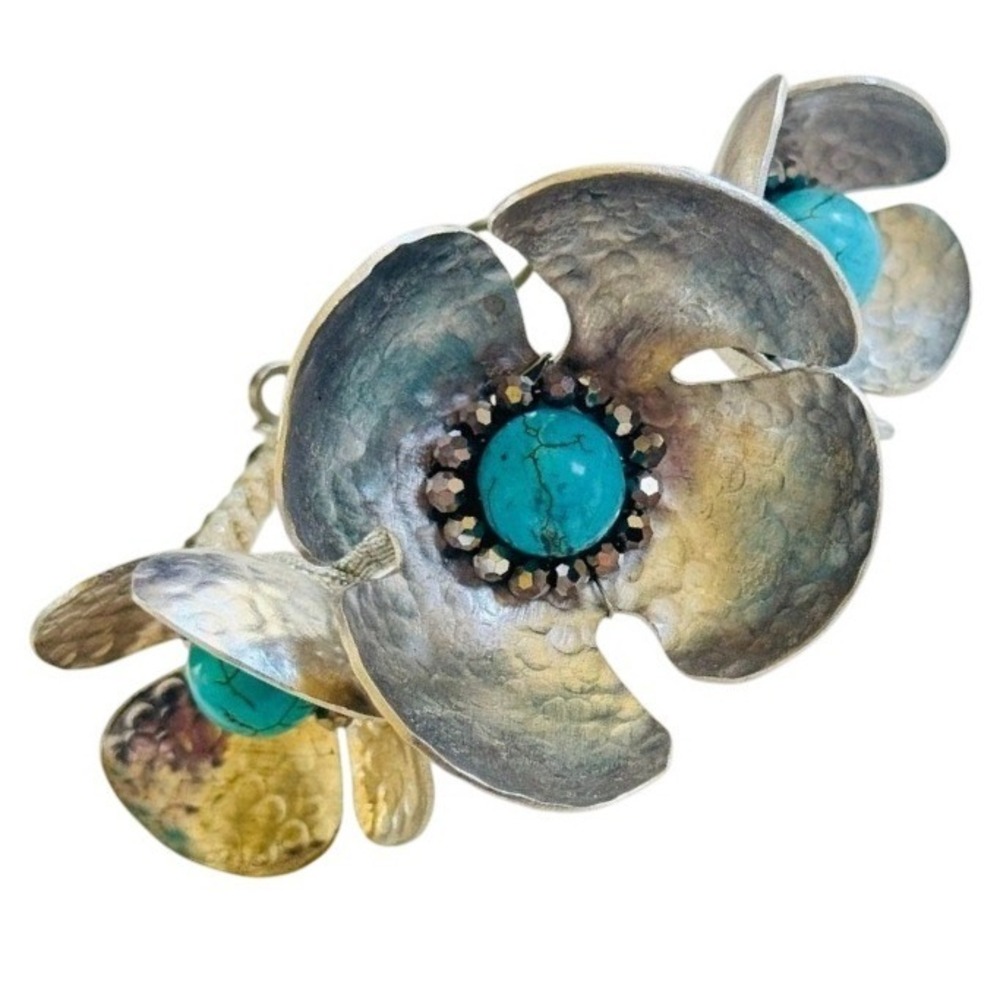 Floral Sculptural Burquoise‎ BOHO Cuff Bracelet Statement Flower Brutalist OOAK